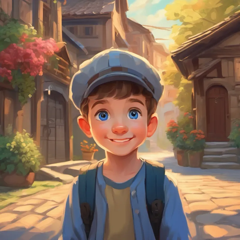 Introduction to Young boy with big blue eyes and a kind smile and his special world, in his home town.