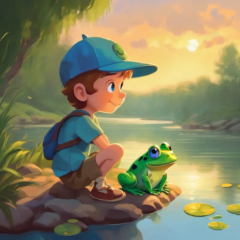 Young boy with big blue eyes and a kind smile encounters a sad frog at the river.