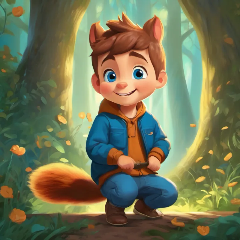Overcoming the tricky squirrel's challenge using Young boy with big blue eyes and a kind smile's sensitivity.