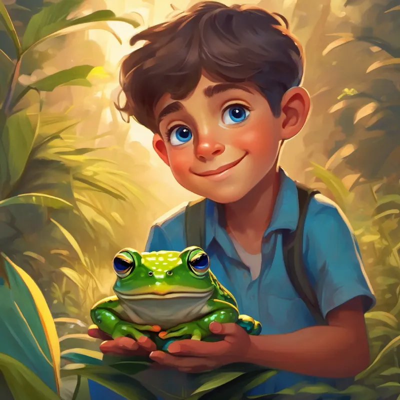 Young boy with big blue eyes and a kind smile and the frog return home; Young boy with big blue eyes and a kind smile understands his gift.