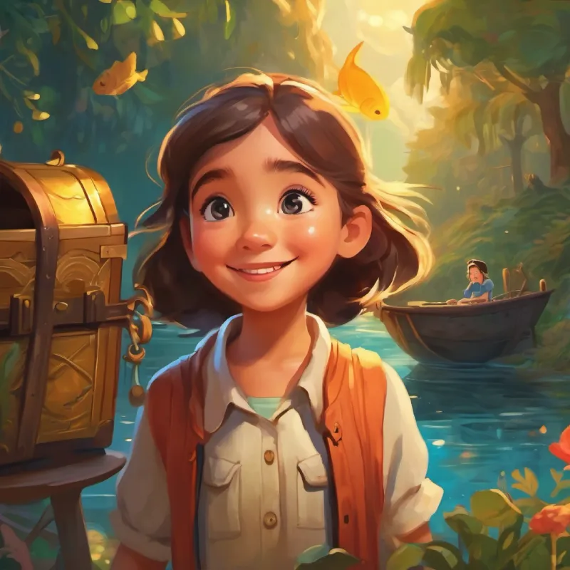 Young girl with bright eyes and a big smile's quest for the treasure with new friends