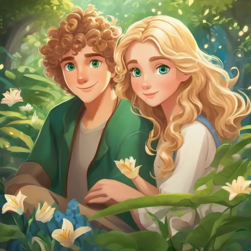 Lily: Curly brown hair, green eyes and Max: Sandy blond hair, blue eyes discover the magical garden, a cozy and mysterious setting.