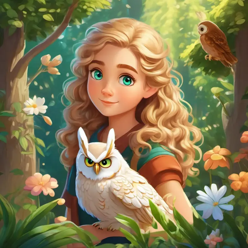 Lily: Curly brown hair, green eyes and Max: Sandy blond hair, blue eyes meet the wise owl and playful bunny, guardians of the garden.