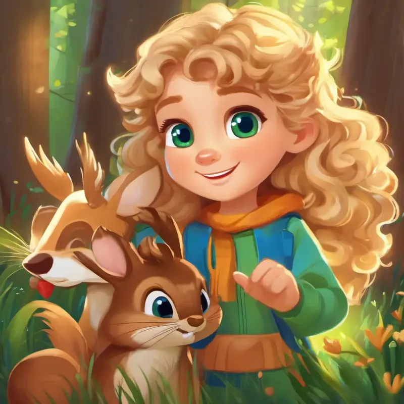 Lily: Curly brown hair, green eyes and Max: Sandy blond hair, blue eyes make new friends - mischievous squirrel, kindhearted deer, and chatty chipmunk.