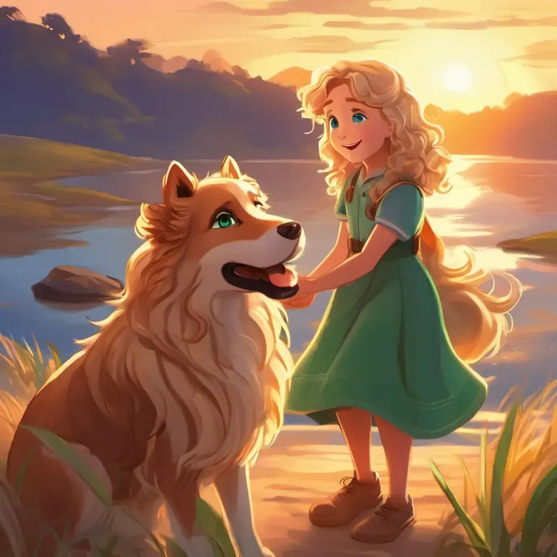 Lily: Curly brown hair, green eyes and Max: Sandy blond hair, blue eyes bid farewell to their animal friends as the sun sets, feeling joyful.