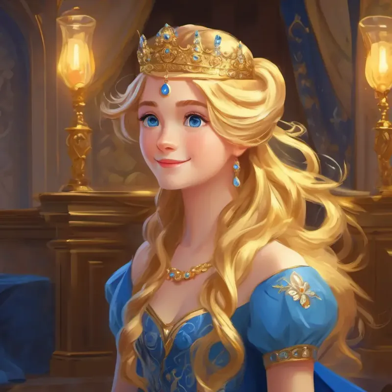 Golden hair, blue eyes, kind-hearted prepares for the royal ball with excitement.