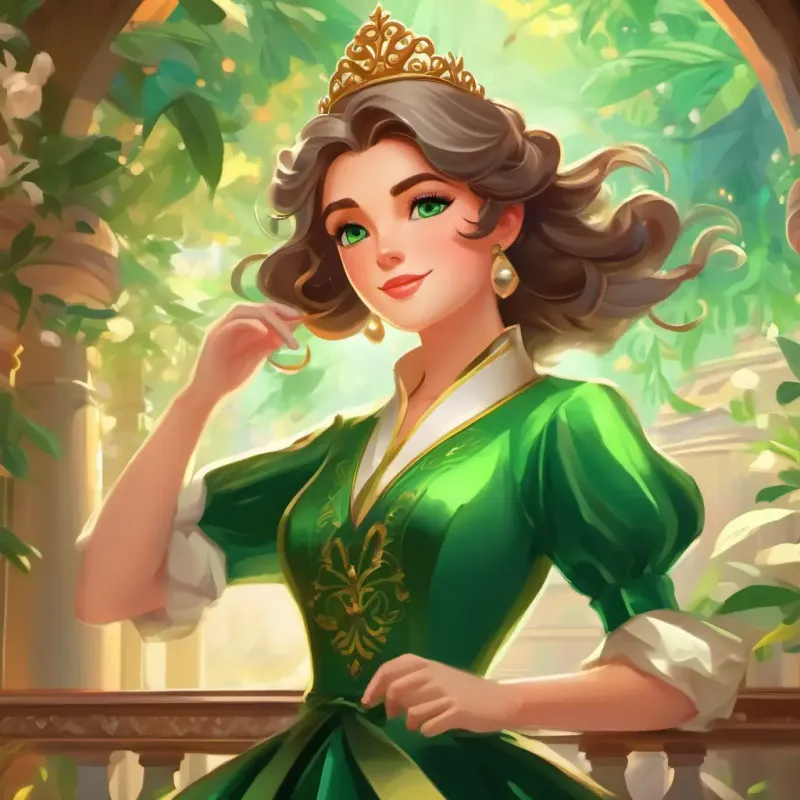 The magical atmosphere of the royal ball, introducing Emerald eyes, bronze hair, charming.