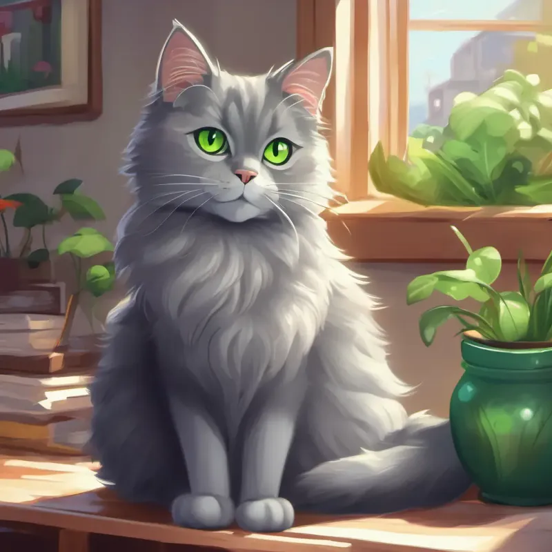 Introduction to Cuddles: fluffy grey cat with bright green eyes the cat, cozy house setting