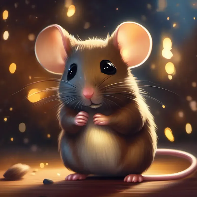 Squeak: tiny brown mouse with sparkling black eyes upset over losing her favorite toy
