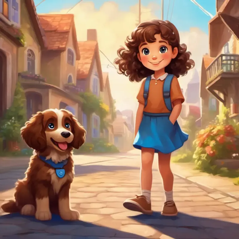 Introduction: Setting in a small town, introducing A happy 5-year-old girl with curly brown hair and bright blue eyes and A cute, fluffy brown puppy with big, shiny brown eyes.