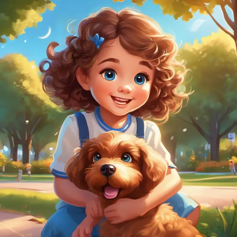A happy 5-year-old girl with curly brown hair and bright blue eyes and A cute, fluffy brown puppy with big, shiny brown eyes playing in the park, setting the tone of their friendship and fun.