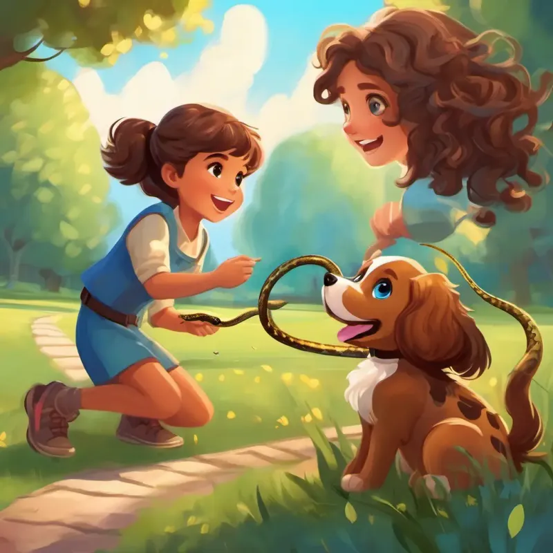 A cute, fluffy brown puppy with big, shiny brown eyes bravely saving A happy 5-year-old girl with curly brown hair and bright blue eyes from a snake in the park.