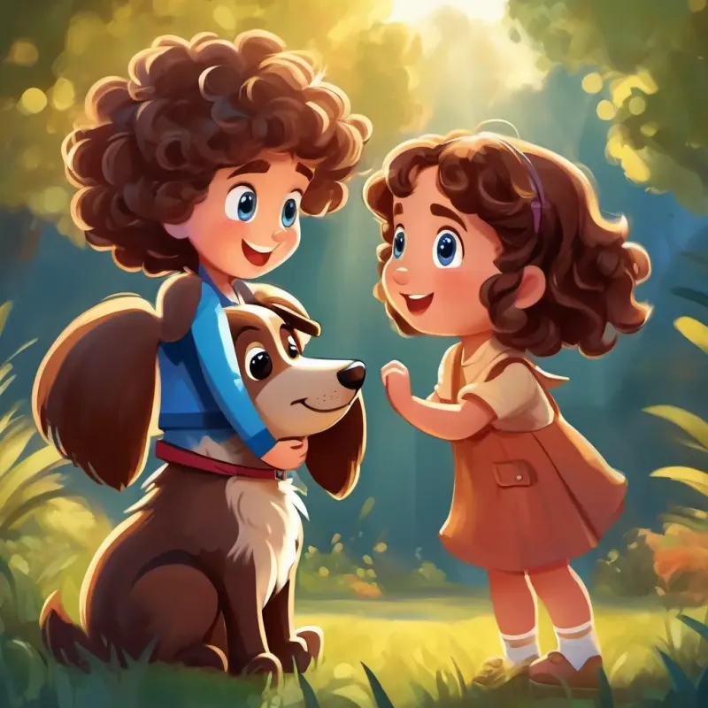 A happy 5-year-old girl with curly brown hair and bright blue eyes thanking A cute, fluffy brown puppy with big, shiny brown eyes and learning an important lesson about bravery and friendship.