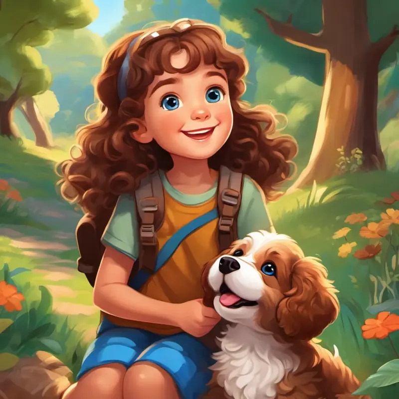 A happy 5-year-old girl with curly brown hair and bright blue eyes and A cute, fluffy brown puppy with big, shiny brown eyes having fun adventures together, including hiking and having picnics.