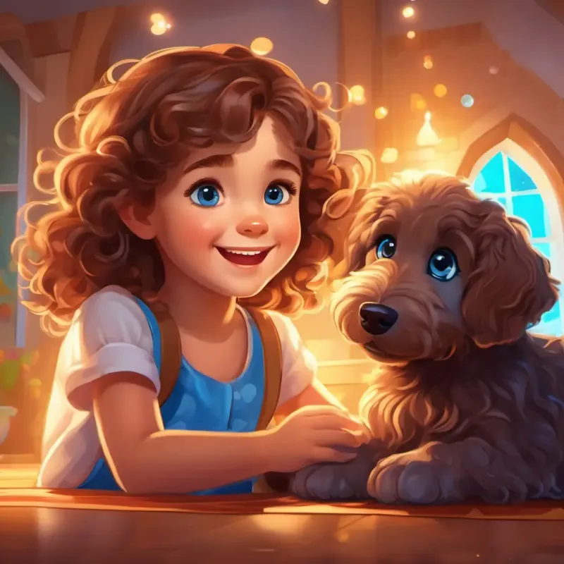 Ending: A happy 5-year-old girl with curly brown hair and bright blue eyes and A cute, fluffy brown puppy with big, shiny brown eyes living happily ever after, emphasizing their strong and joyful bond.