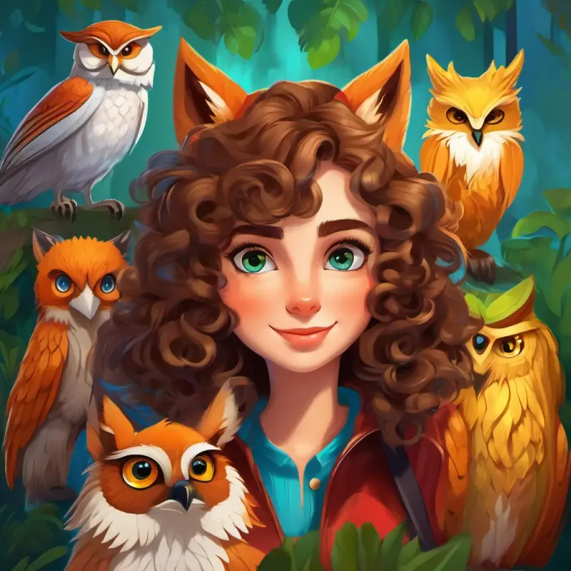 Curly brown hair, bright blue eyes gathers her friends, Red fur, playful green eyes the talking fox and wise owl Feathery brown and gray, wise yellow eyes, for the quest.