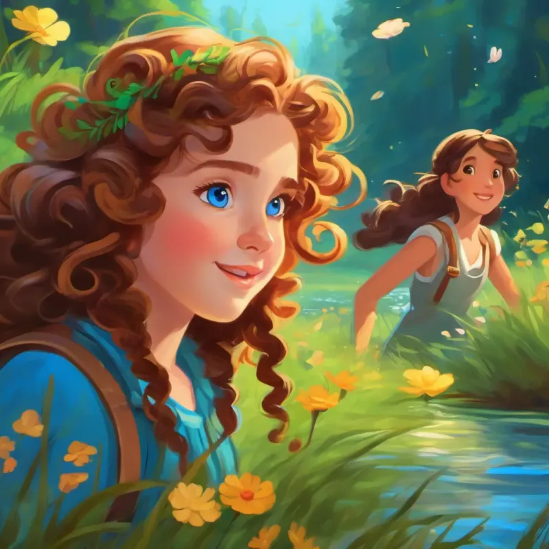Curly brown hair, bright blue eyes and her friends journey through meadows, forests, and meet playful water nymphs.
