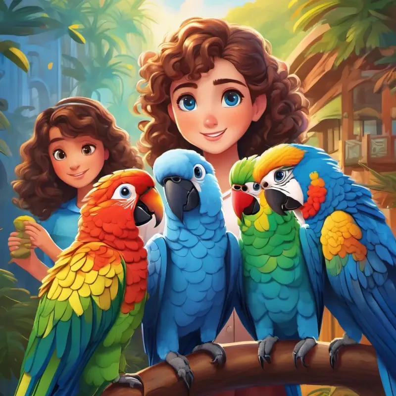 Curly brown hair, bright blue eyes and friends use teamwork and clever thinking to convince the parrot to return the colors.