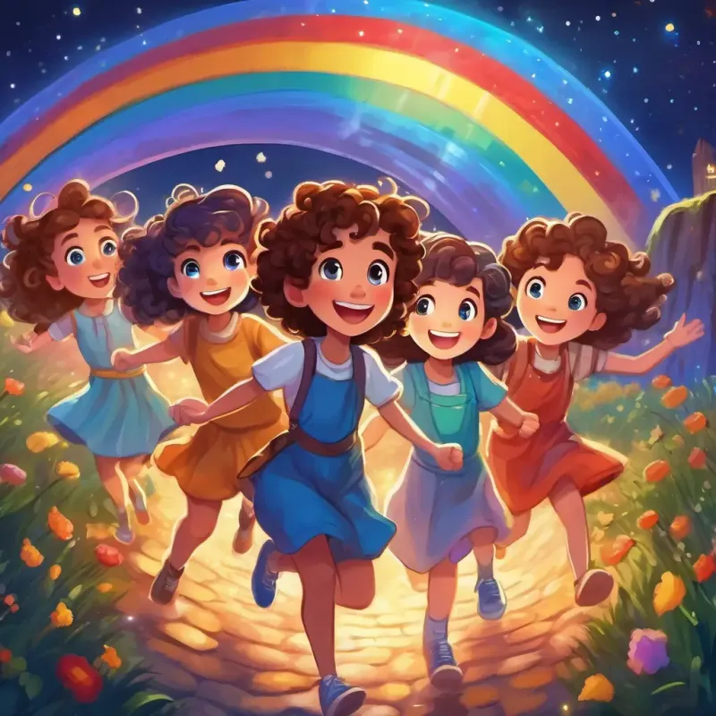 Curly brown hair, bright blue eyes and friends are praised by the Spirit and celebrate with a rainbow dance under the starry sky.