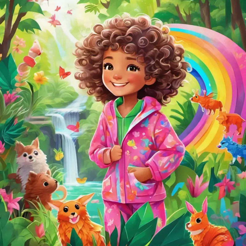 Curly hair, green eyes, joyful smile, pink pajamas, playful and Fluffy fur, bright eyes, playful, affectionate walking through a colorful forest, with rainbow waterfalls and playful worms