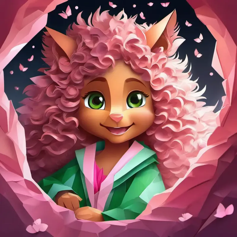 Curly hair, green eyes, joyful smile, pink pajamas, playful and Fluffy fur, bright eyes, playful, affectionate following a shiny squirrel into a dark, mysterious cave