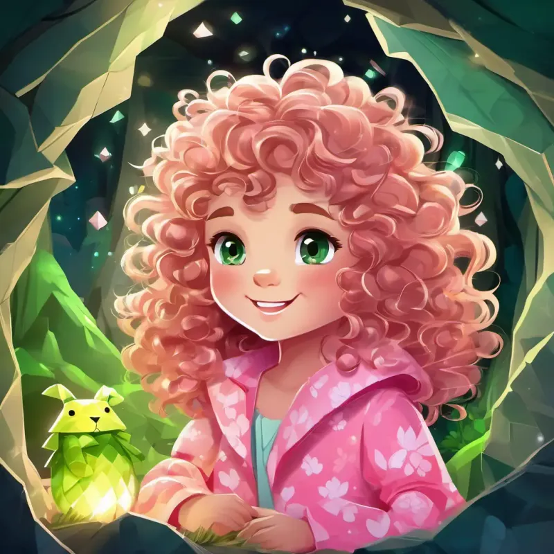 Curly hair, green eyes, joyful smile, pink pajamas, playful and Fluffy fur, bright eyes, playful, affectionate in a glowing cave, surrounded by glowing pots and a twinkling firefly