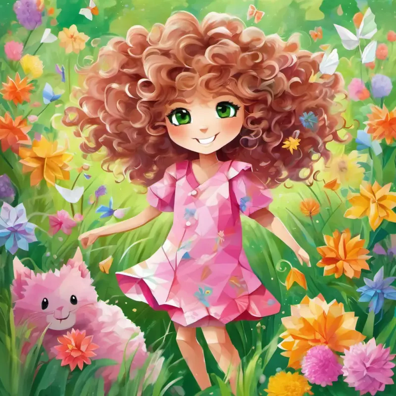 Curly hair, green eyes, joyful smile, pink pajamas, playful and Fluffy fur, bright eyes, playful, affectionate in a colorful meadow, surrounded by dancing flowers and giggling fairies