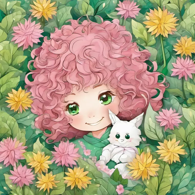 Curly hair, green eyes, joyful smile, pink pajamas, playful and Fluffy fur, bright eyes, playful, affectionate saying farewell to the magical land, surrounded by flying dragons and floating dandelions