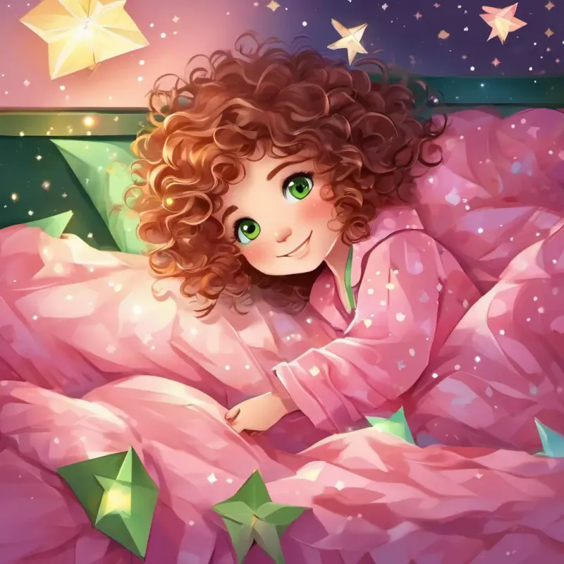 Curly hair, green eyes, joyful smile, pink pajamas, playful and Fluffy fur, bright eyes, playful, affectionate tucked into bed, surrounded by glowing stars and whispering wishes