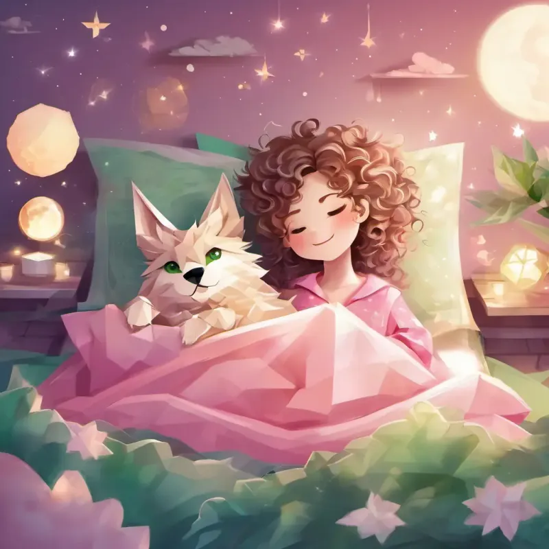 Curly hair, green eyes, joyful smile, pink pajamas, playful and Fluffy fur, bright eyes, playful, affectionate sleeping soundly in their cozy bed, accompanied by twinkling stars and moonlight