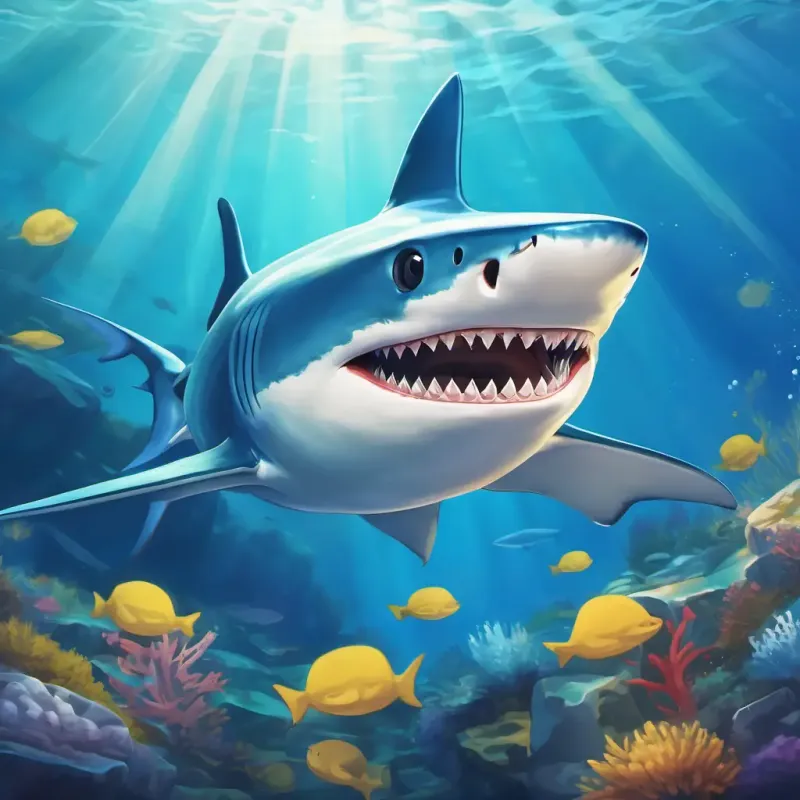 Introduction, underwater, A blue shark with a big smile and shiny white teeth