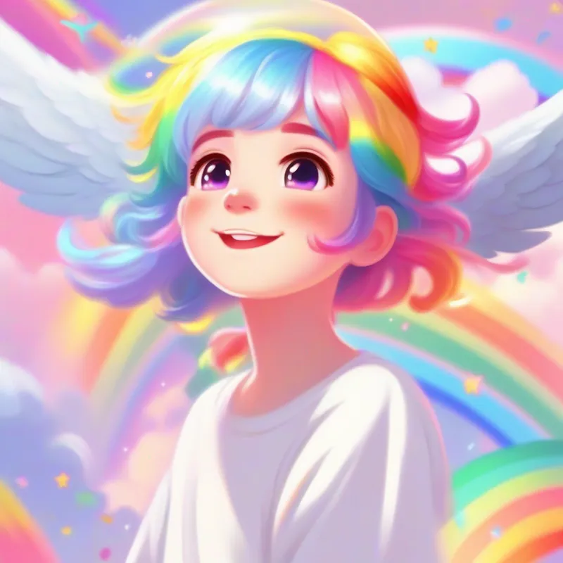 An angel with rainbow-colored hair, spreading joy., an angel with rainbow hair, singing and spreading joy.