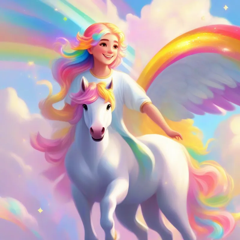 An angel with rainbow-colored hair, spreading joy. meets a unicorn with a shimmering golden cape.