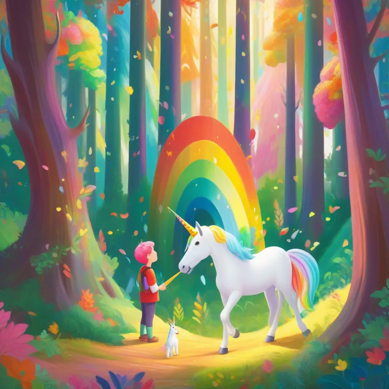 An angel with rainbow-colored hair, spreading joy. and the unicorn find a puzzle in a forest filled with tall trees.