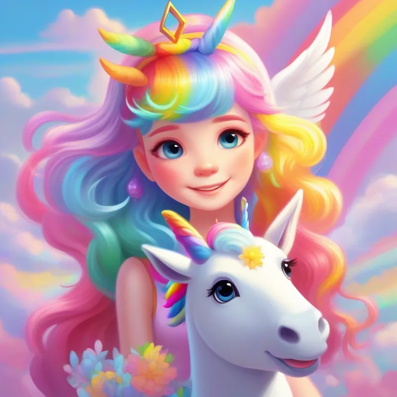 An angel with rainbow-colored hair, spreading joy. and the unicorn work together to solve the puzzle.