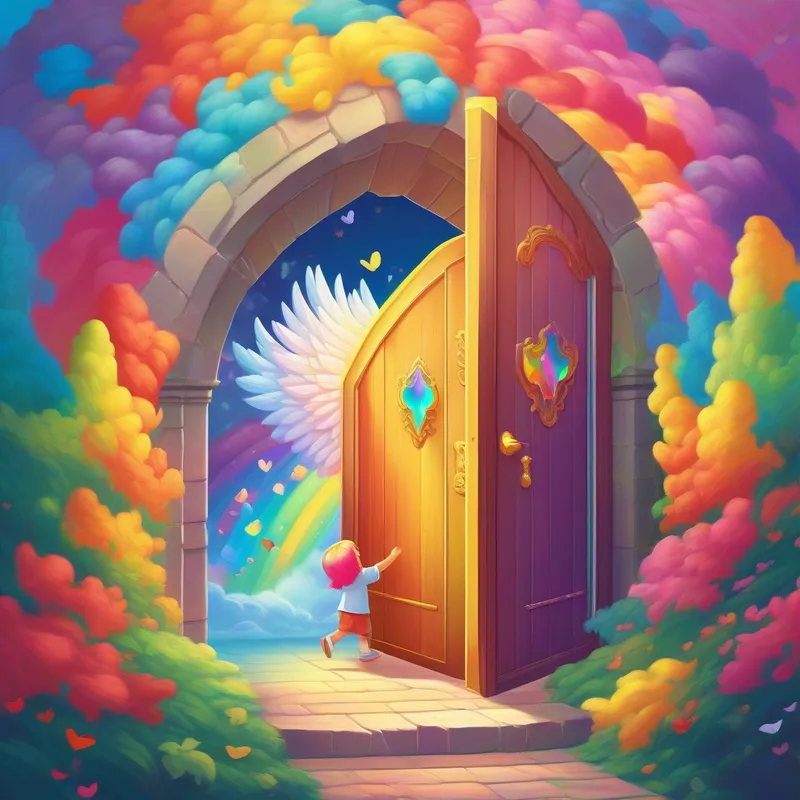 The puzzle reveals a magical door, and An angel with rainbow-colored hair, spreading joy. steps inside.