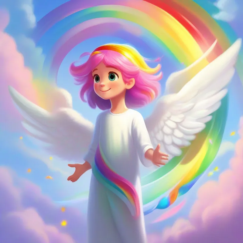 An angel with rainbow-colored hair, spreading joy. learns the importance of honesty and returns to spread the lesson.