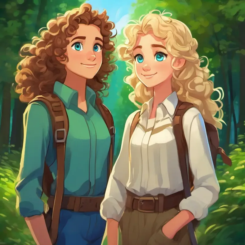 Curly brown hair, bright green eyes and Messy blonde hair, mischievous blue eyes explore the woods near their town, setting and main characters introduced.
