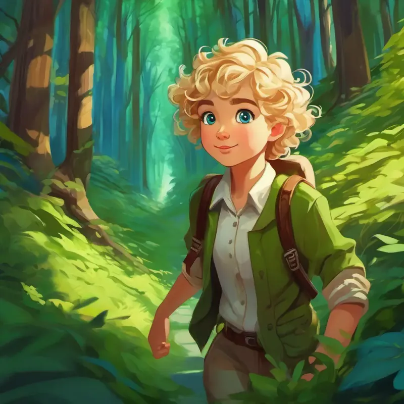 Curly brown hair, bright green eyes and Messy blonde hair, mischievous blue eyes find a mysterious path and decide to follow it further into the forest.