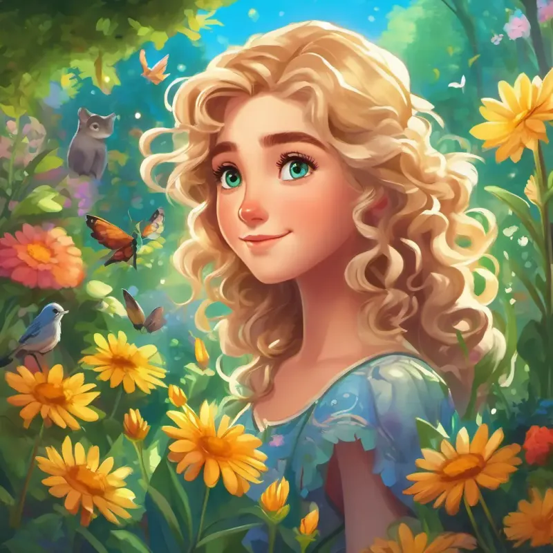 Curly brown hair, bright green eyes and Messy blonde hair, mischievous blue eyes find a magical garden with talking animals and colorful flowers, magical setting introduced.