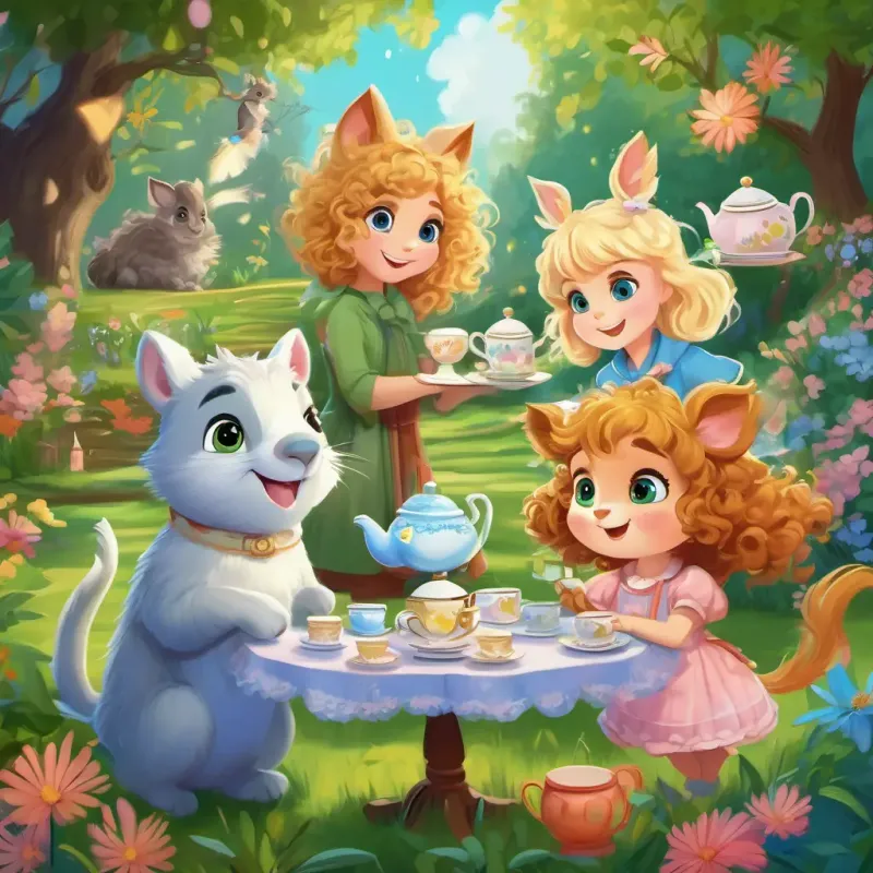 Animals invite Curly brown hair, bright green eyes and Messy blonde hair, mischievous blue eyes to a tea party, playful and fun atmosphere in the magical garden.