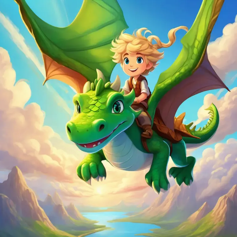 A friendly dragon offers Curly brown hair, bright green eyes and Messy blonde hair, mischievous blue eyes a ride home, exciting and fantastical adventure as they soar through the sky.