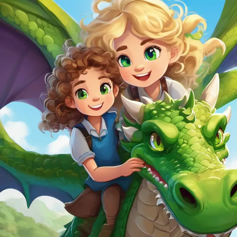 Curly brown hair, bright green eyes and Messy blonde hair, mischievous blue eyes return home on a dragon, happy and excited to share their amazing adventure.