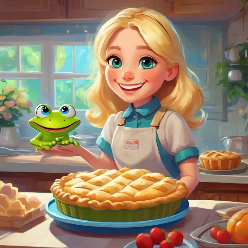 Introduction of A happy girl with a love for jokes, with blonde hair and blue eyes and Lily's squishy green pet frog, with big eyes and a wide smile, and their plan to bake a funny pie.