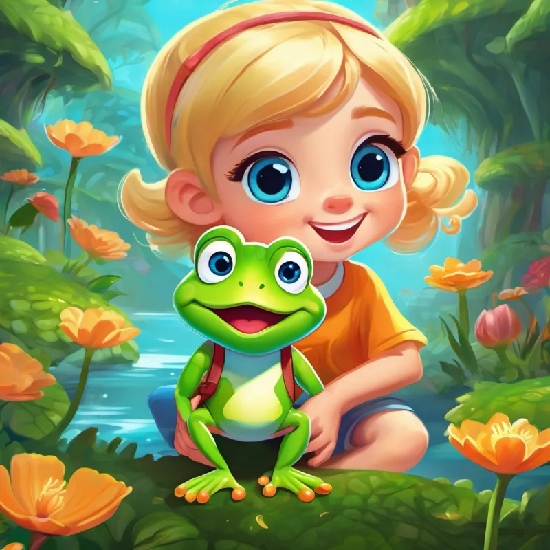 A happy girl with a love for jokes, with blonde hair and blue eyes and Lily's squishy green pet frog, with big eyes and a wide smile journey to find a Giggleberry in a topsy-turvy place.