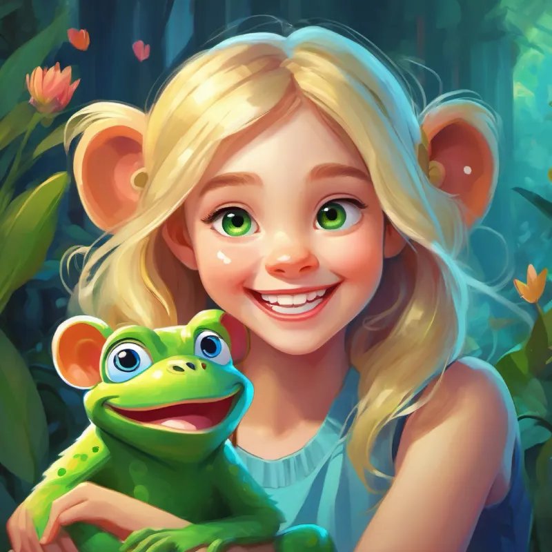 A happy girl with a love for jokes, with blonde hair and blue eyes and Lily's squishy green pet frog, with big eyes and a wide smile try to make the monkey laugh with jokes and a funny song.