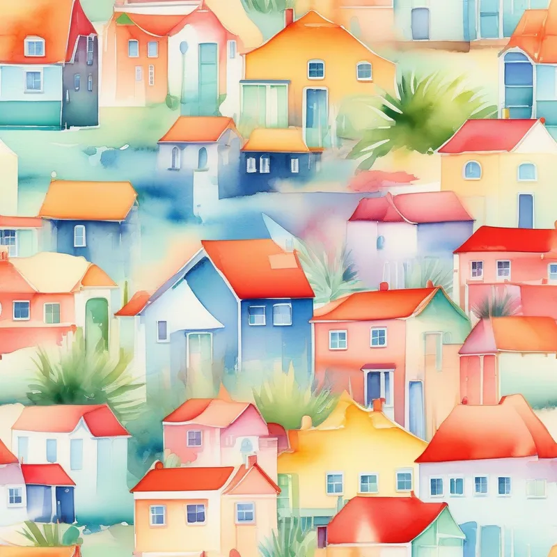 A coastal town with colorful houses and a beautiful beach.