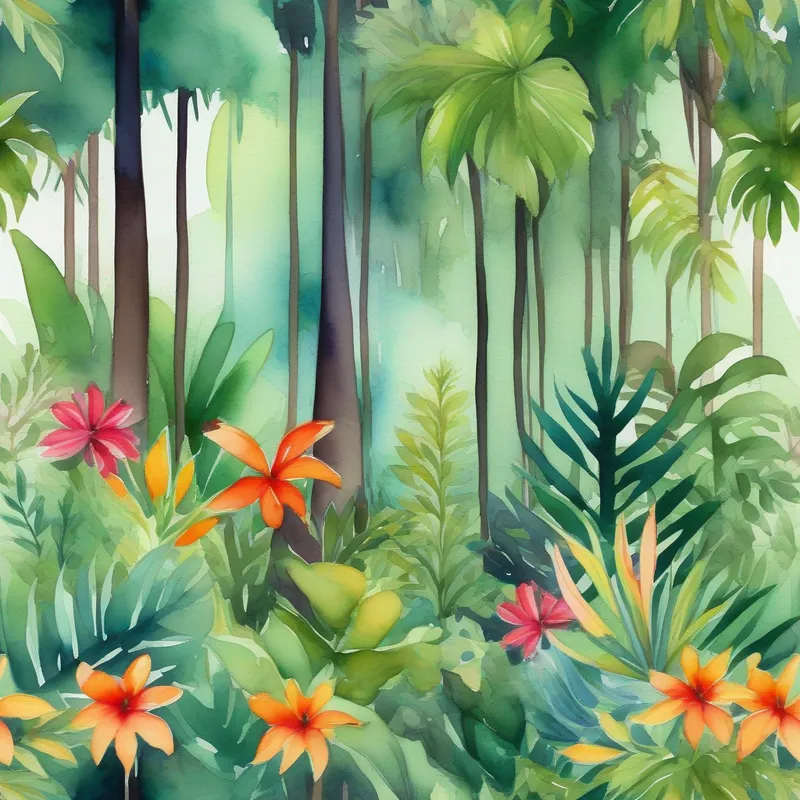 A dense jungle with tall trees and vibrant flowers.