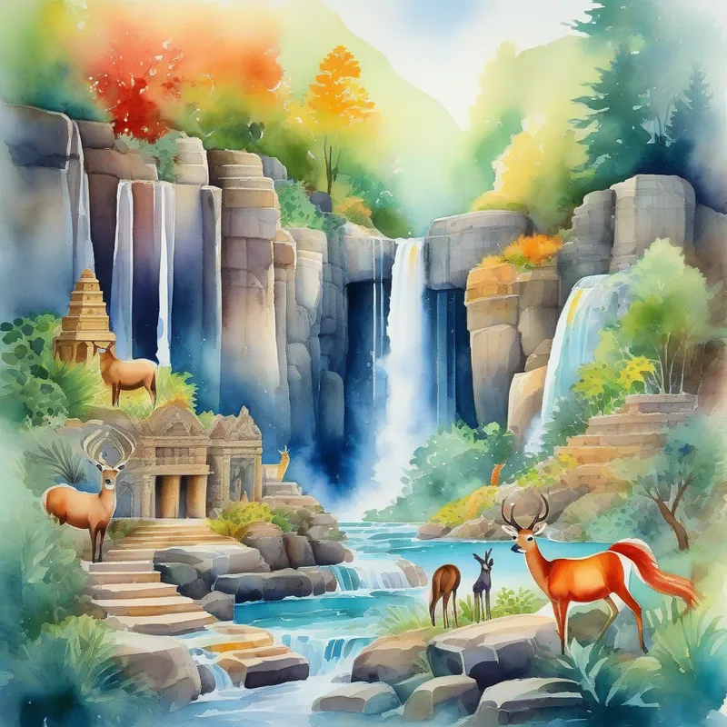 A hidden waterfall cascading down rocks, accompanied by colorful animals and ancient ruins.