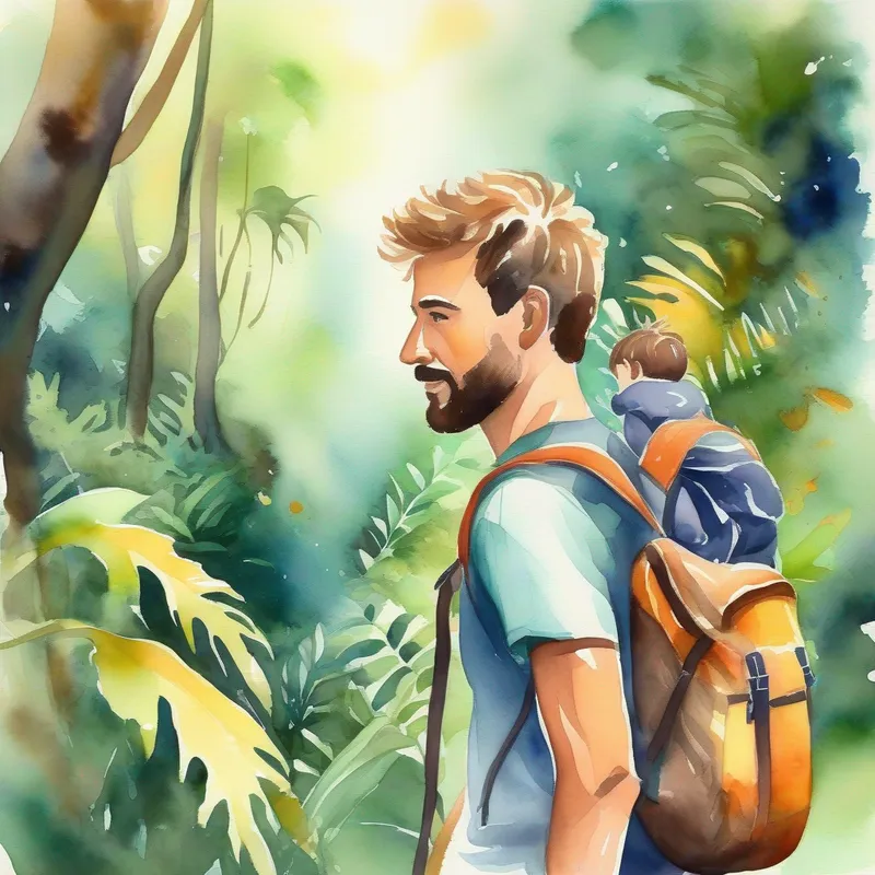 Father and A curious boy with messy hair and a backpack. overcoming obstacles and finding gold in the jungle.